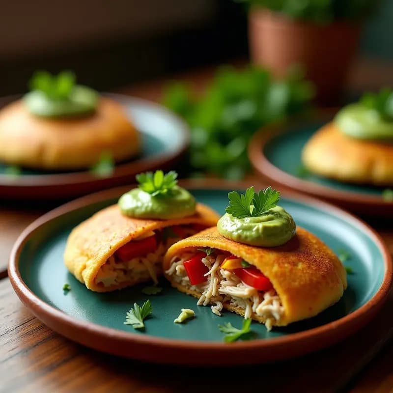 Arepas doradas de maíz azul cortadas por la mitad, rellenas de pollo desmechado jugoso y guasacaca cremosa, servidas en un plato de barro con semillas de sésamo. Receta venezolana en airfryer con textura crujiente.