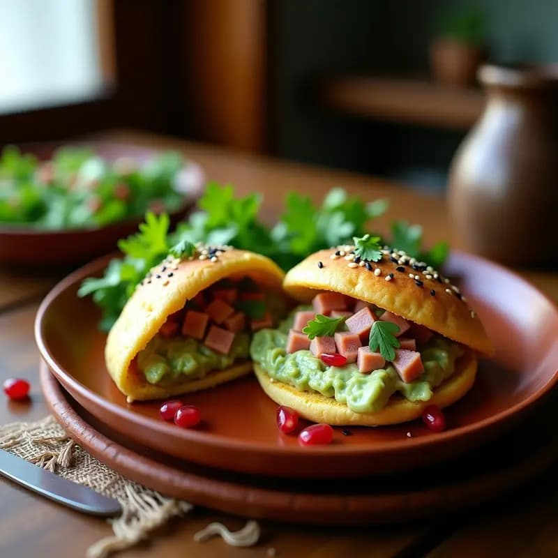 Plato con dos arepas de maíz azul abiertas, rellenas de guasacaca cremosa verde y láminas de trucha ahumada rosada, espolvoreadas con queso blanco desmenuzado, sobre un mantel rústico de lino con hojas de cilantro y rodajas de limón como decoración.