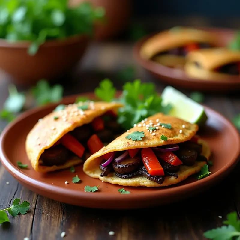 Arepas colombianas de maíz azul tostadas, abiertas por la mitad y rellenas de hongos portobello salteados con especias, servidas en un plato de barro rústico con semillas de sésamo visibles y cilantro fresco como decoración.
