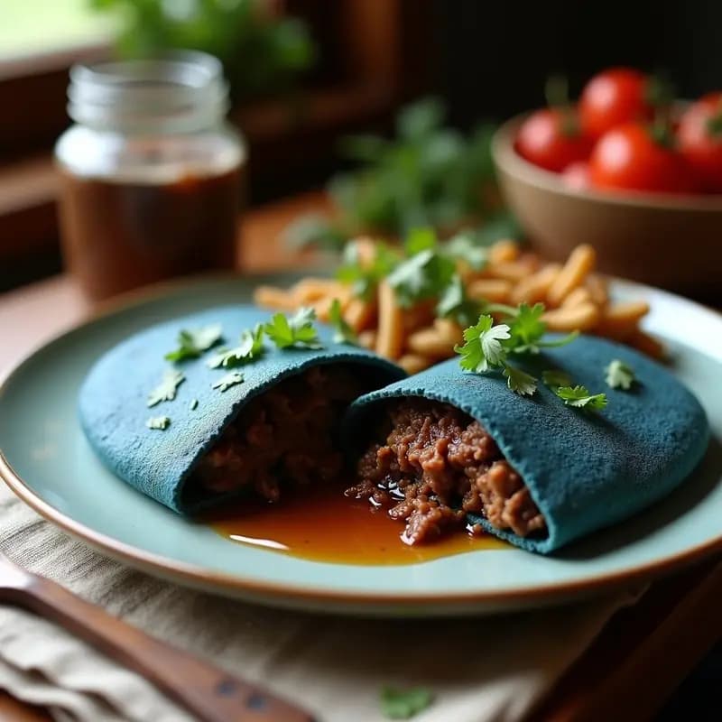 Arepa de maíz azul abierta mostrando un generoso relleno de lengua mechada jugosa, acompañada de cilantro fresco y un toque de aceite de oliva. Plato tradicional venezolano sin lactosa, servido sobre un mantel rústico de lino.