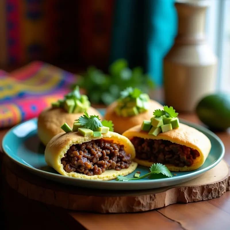 Arepas de maíz azul rellenas de pabello de res vegano, con un relleno jugoso de seitán y champiñones, decoradas con aguacate y cilantro, cocinadas en Airfryer hasta quedar doradas y crujientes.