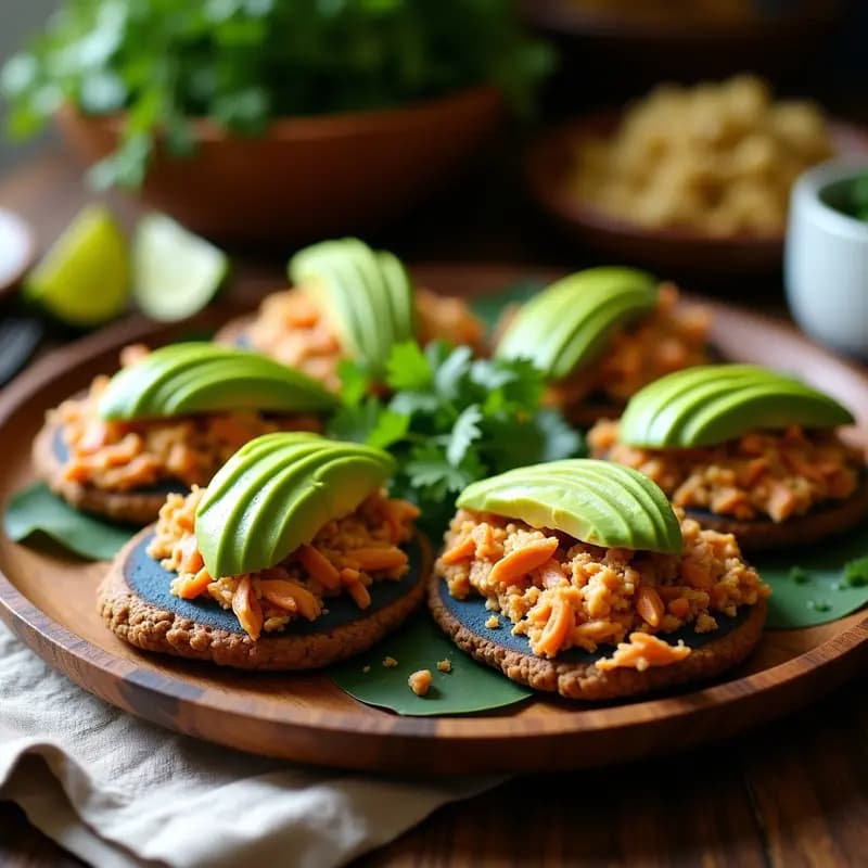 Plato rústico de madera con arepas de maíz azul doradas y crujientes, abiertas por la mitad y rellenas de pollo deshilachado jugoso y láminas de aguacate fresco, acompañadas de rodajas de limón verde. Receta colombiana colorida y alta en proteína.
