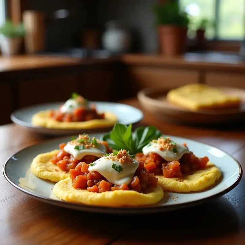 Plato con arepas de maíz azul abiertas, rellenas de pollo desmenuzado jugoso con especias, queso blanco y cilantro fresco. Fondo rústico de madera con aguacate en rodajas.