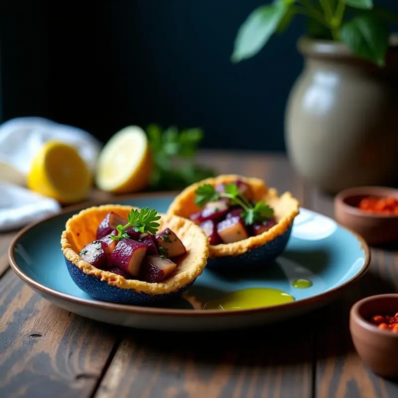 Plato rústico con dos arepas de maíz azul abiertas, rellenas de pulpo a la gallega en trozos tiernos, patatas moradas y pimentón de la Vera, decoradas con perejil fresco y un hilo de aceite de oliva virgen extra sobre fondo de madera oscura.