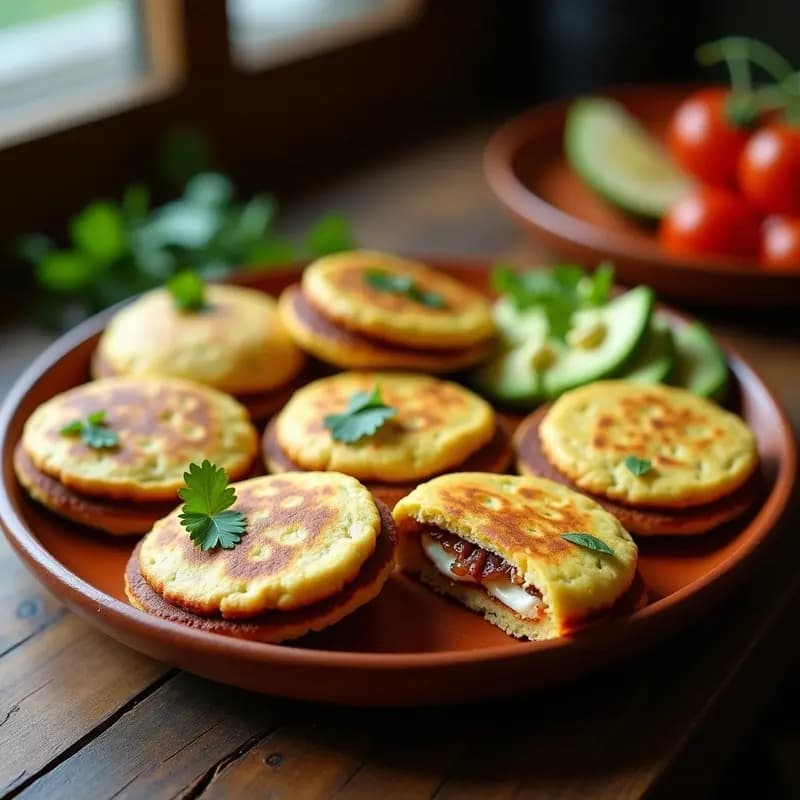 Arepas venezolanas de maíz azul doradas y humeantes, rellenas de queso de cabra desmenuzable y cebolla morada salteada, servidas en un plato rústico de barro con hojas de cilantro fresco y aguacate en cubos al lado. Receta sin gluten y alta en fibra.