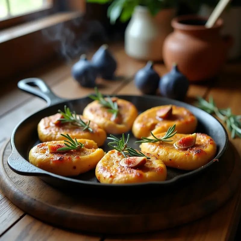Arepas doradas de maíz azul abiertas por la mitad, rellenas de queso de cáscara derretido y coronadas con higos caramelizados y romero fresco, servidas en un comal de hierro con fondo rústico.
