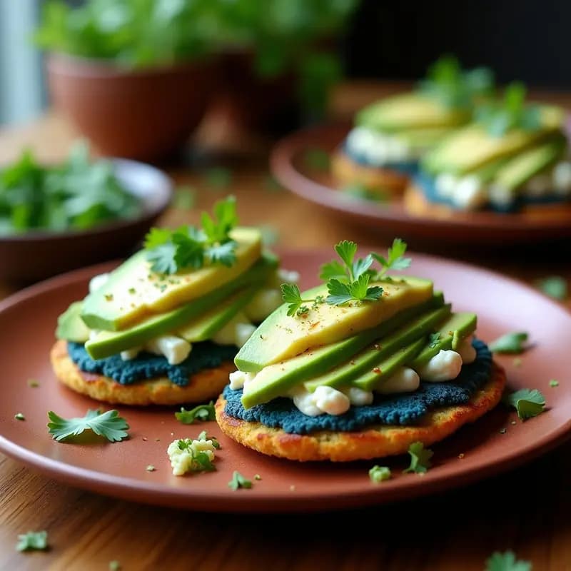 Arepas de maíz azul doradas y crujientes rellenas de queso de castaña cremoso y rodajas de aguacate fresco, decoradas con cilantro picado sobre un plato de barro rústico, receta venezolana sin lácteos.