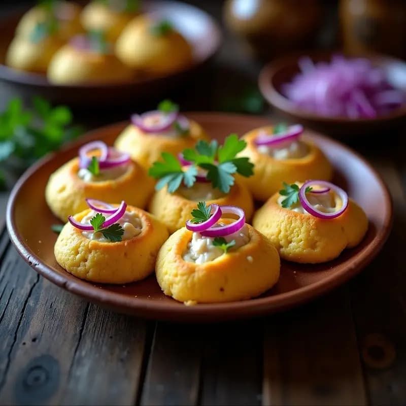 Arepas doradas de maíz azul abiertas por la mitad, rellenas de un cremoso queso de castañas blanco, coronadas con cebolla morada salteada y perejil fresco sobre un plato de barro rústico con fondo de madera oscura.