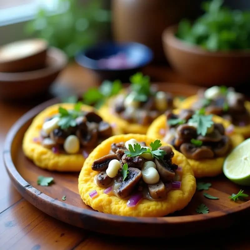 Arepas doradas de maíz azul abiertas por la mitad, rellenas de champiñones portobello salteados y queso derretido, servidas en un plato de madera rústico con cilantro fresco. Receta colombiana en airfryer.