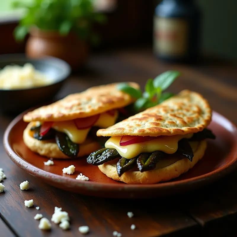 Arepas doradas de maíz azul abiertas por la mitad, rellenas de queso Oaxaca derretido en hebras y rajas de chile poblano asado, servidas en un plato de barro con hojas de epazote fresco.