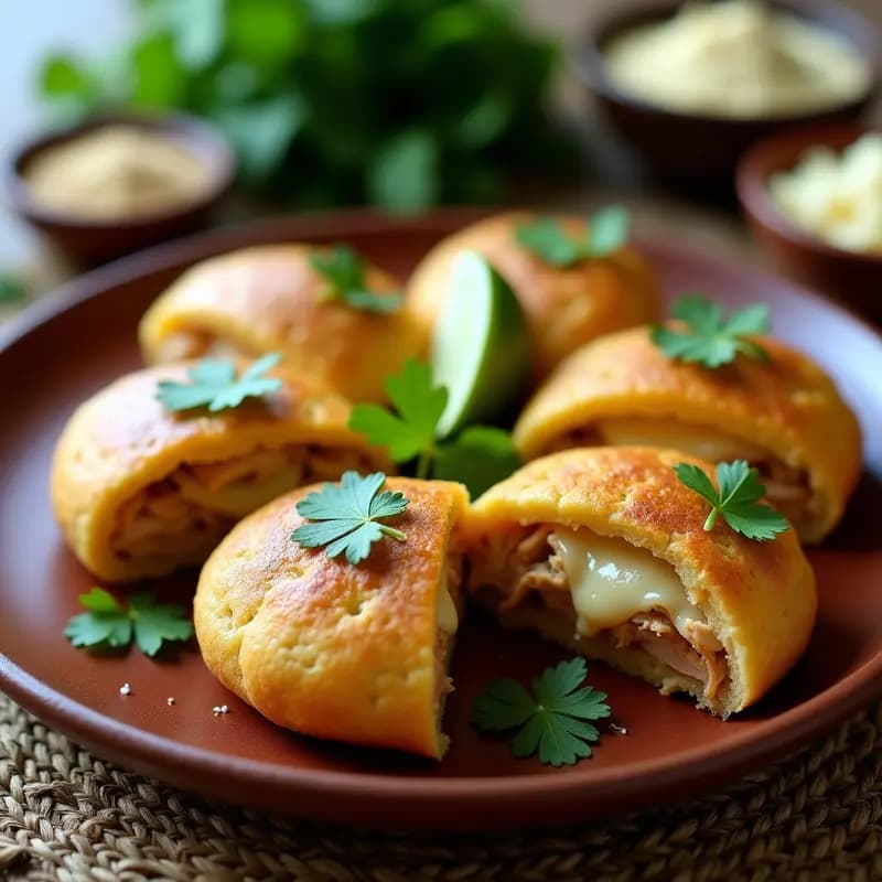 Arepas doradas de maíz azul abiertas por la mitad, rellenas de pollo desmenuzado sazonado y queso Guayanes gratinado, servidas en un plato de barro con cilantro fresco y rodajas de limón al lado.