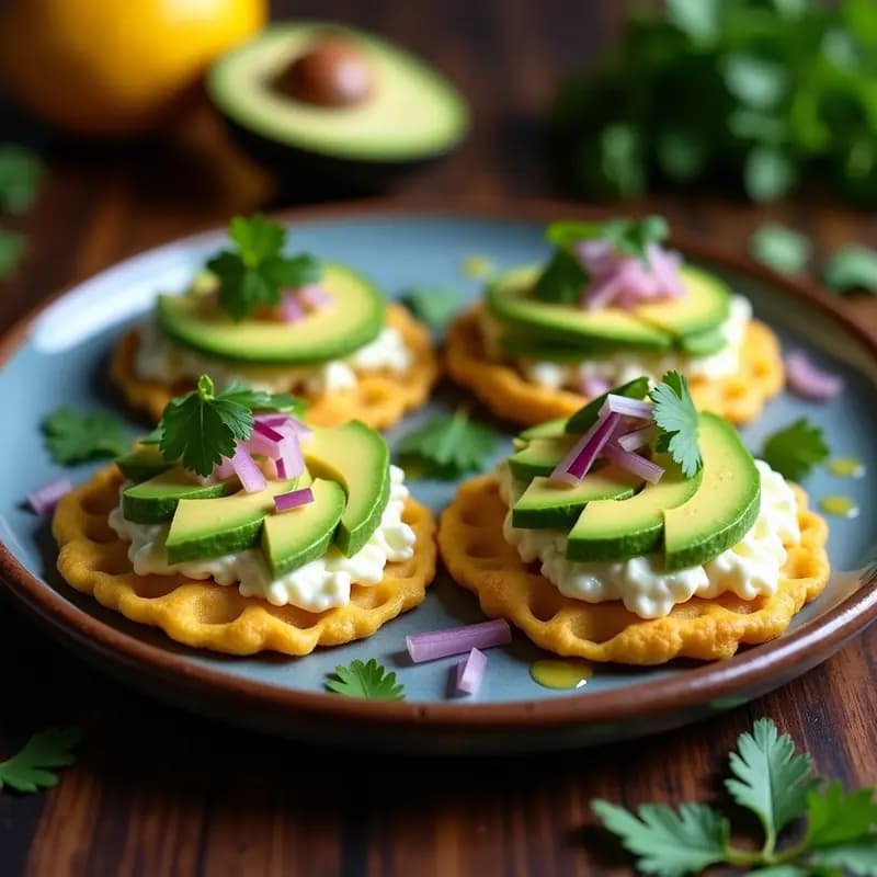 Arepas de maíz azul doradas y crujientes abiertas por la mitad, rellenas de queso vegano cremoso, láminas de aguacate verde, cebolla morada y cilantro fresco, sobre un plato de barro rústico con fondo de madera oscura.