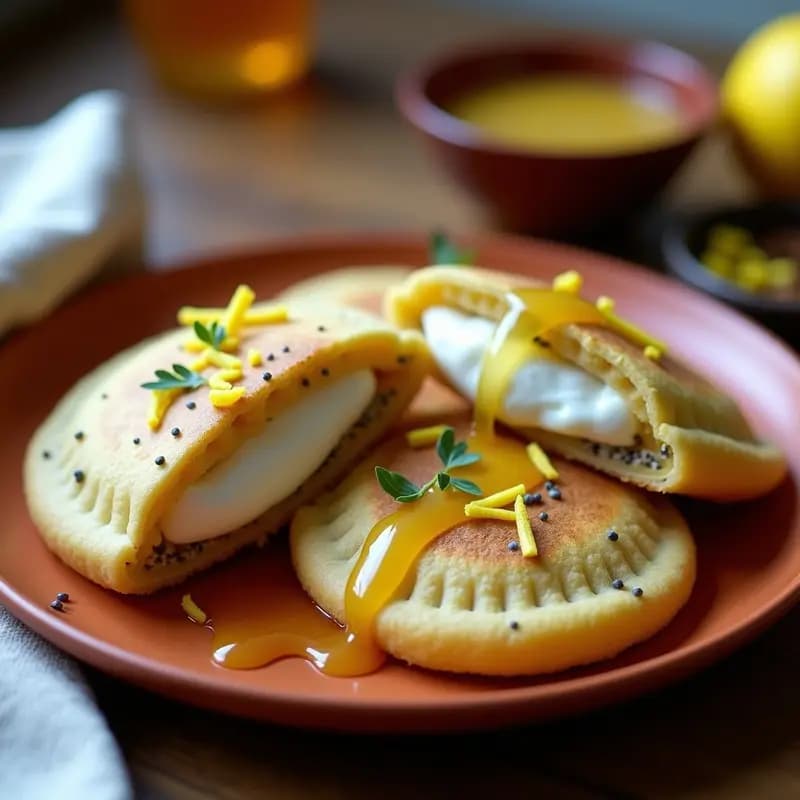 Arepas de maíz azul doradas y crujientes rellenas de requesón cremoso con semillas de chía, bañadas en miel dorada, servidas en un plato de barro con fondo rústico.