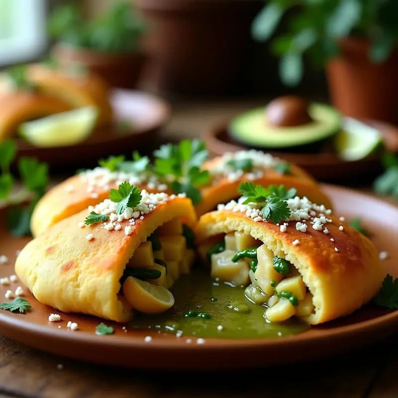 Arepas doradas de maíz blanco abiertas y rellenas de cangrejo desmenuzado, bañadas en ajiaco de hierbas verdes, acompañadas de cubos de aguacate sobre un plato de cerámica blanca con fondo rústico de madera.