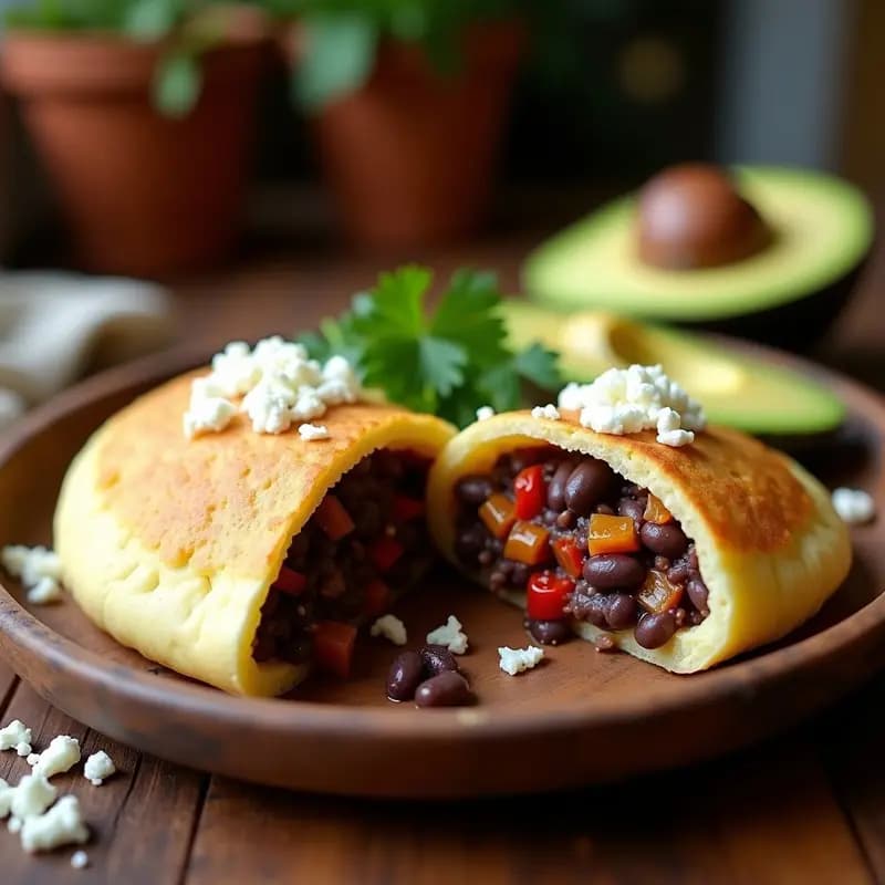 Plato con arepas de maíz blanco doradas y abiertas, rellenas de un guiso espeso de caraotas negras con trozos de cebolla, pimiento y perejil. Acompañadas de rodajas de aguacate y queso blanco desmenuzado.