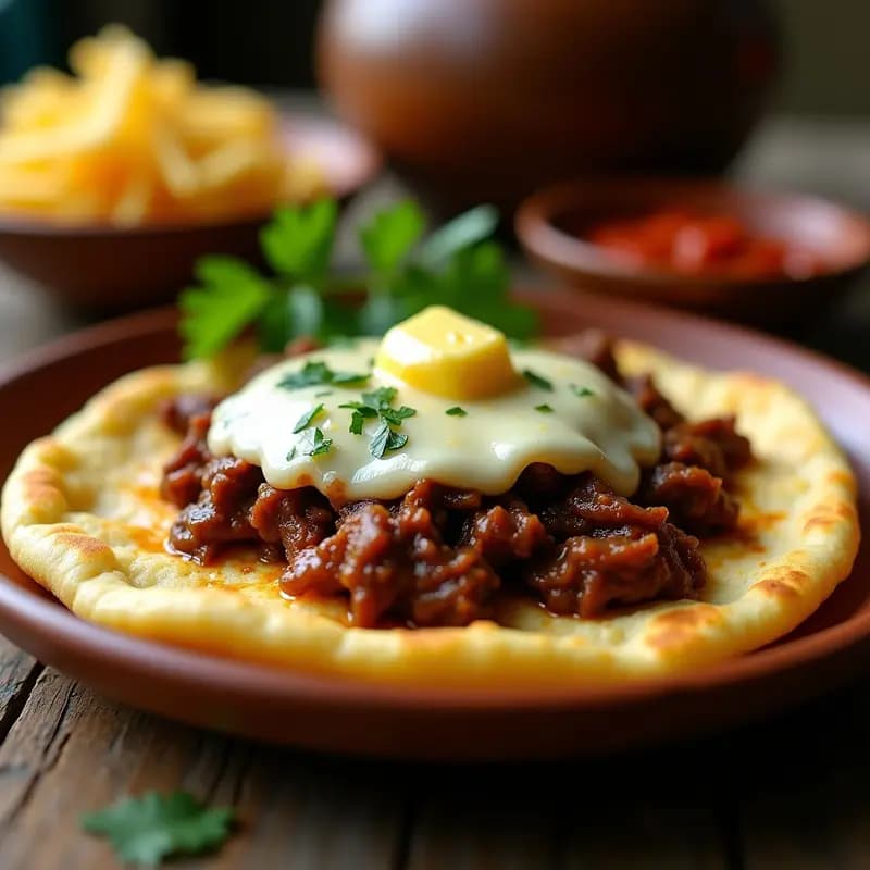 Arepas doradas de maíz blanco abiertas por la mitad, rellenas de desmenuzado de res jugoso y queso costeño derretido, servidas en un plato de barro con un toque de mantequilla brillante.