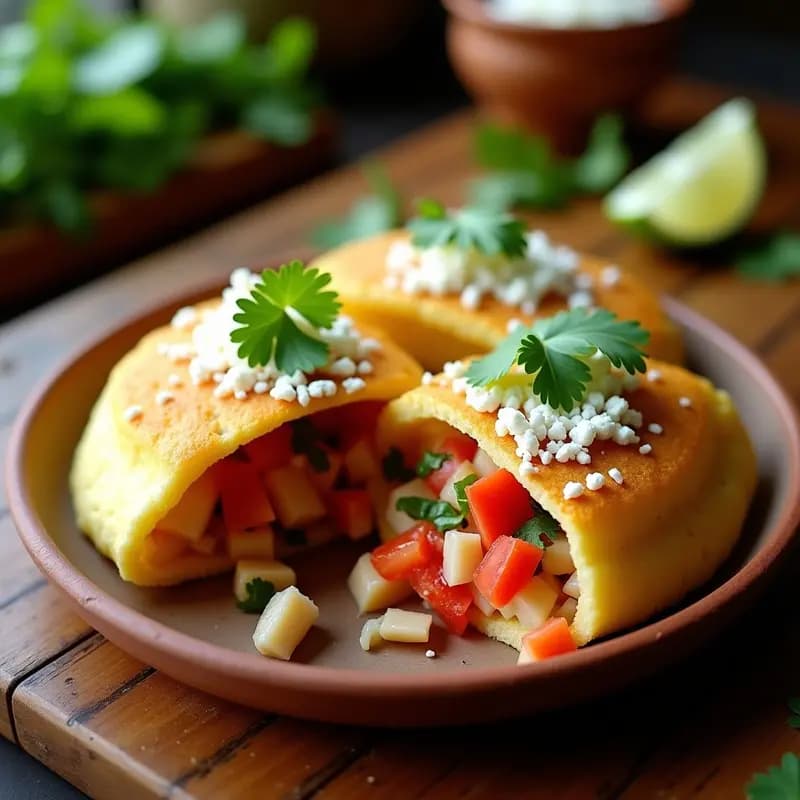 Arepas de maíz blanco recién asadas, abiertas y rellenas con pabello de pez tradicional venezolano, guiso de bacalao desmenuzado con tomate, cebolla, ají dulce y cilantro, servidas en plato rústico de barro con fondo de cocina casera.