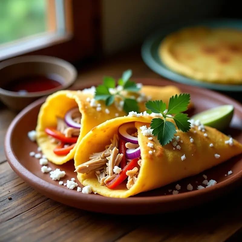Arepas doradas de maíz blanco abiertas por la mitad, rellenas de pollo desmenuzado especiado con comino y pimentón, acompañadas de queso blanco desmenuzado y cilantro fresco, servidas en un plato de barro tradicional venezolano.