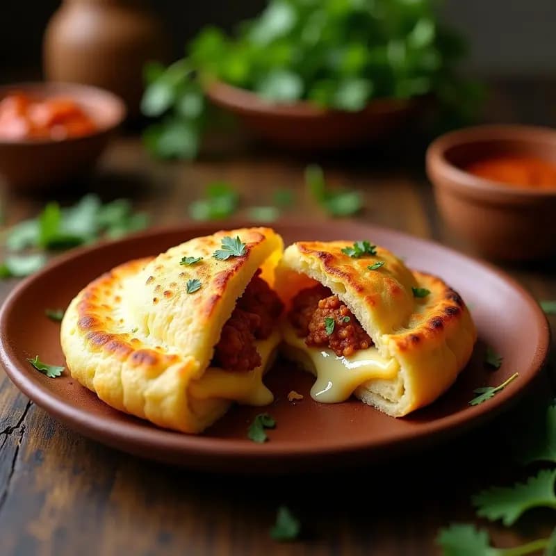 Arepas doradas de maíz blanco abiertas por la mitad, rellenas de queso derretido y chicharrón crocante, servidas en un plato rústico de barro con cilantro fresco y cebolla picada. Receta colombiana tradicional en comal.