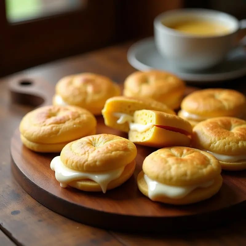 Arepas doradas de maíz blanco abiertas por la mitad, rellenas de queso de mano derretido, sobre una plancha de madera rústica con fondo desenfocado. Receta tradicional venezolana sin gluten.