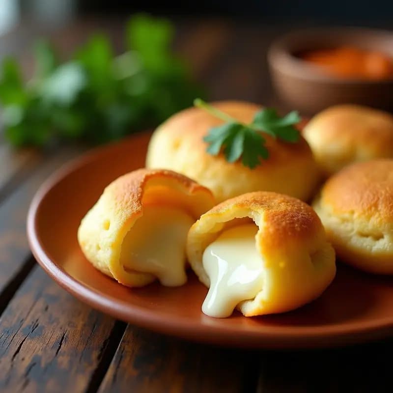 Arepas de maíz blanco doradas y crujientes rellenas de queso de manos fundido, servidas en un plato rústico de barro con fondo de madera. Receta venezolana tradicional crujiente y fundida.