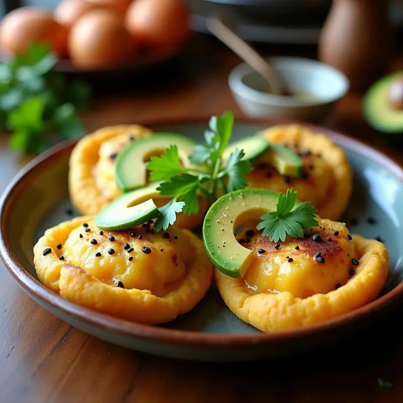 Arepas doradas y crujientes de maíz tostado abiertas por la mitad, rellenas de queso halloumi gratinado y láminas cremosas de aguacate, servidas en un plato de cerámica blanca con semillas de sésamo y cilantro fresco. Receta de desayuno colombiano en Airfryer.