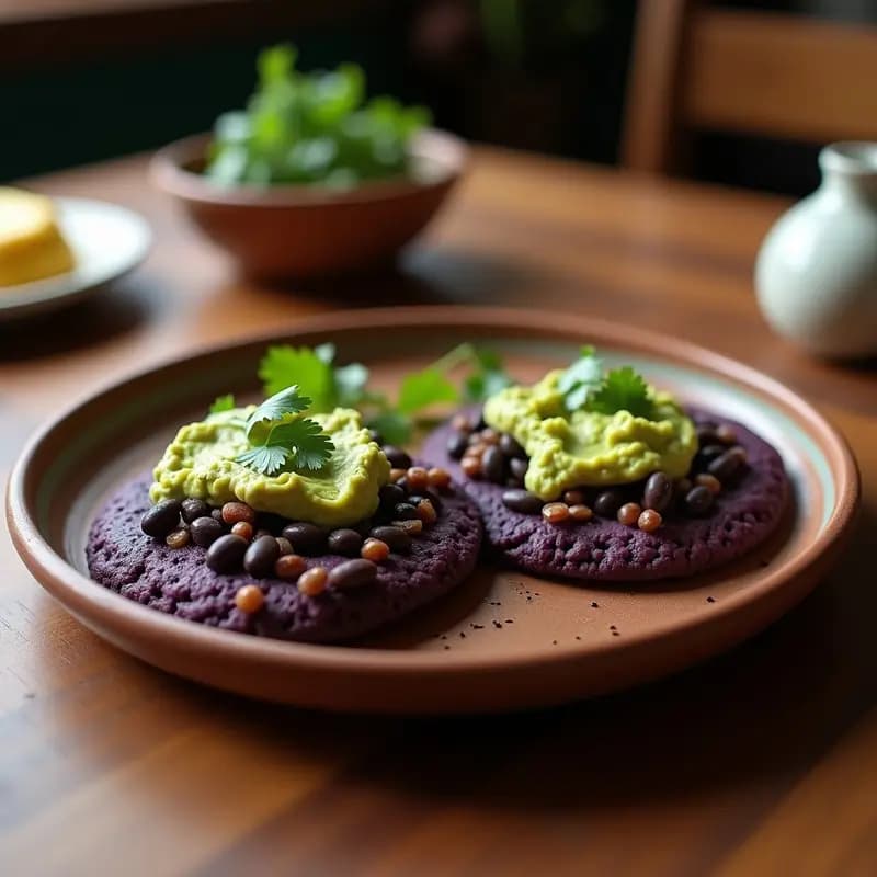 Arepas de maíz morado cortadas por la mitad, rellenas de guacamole cremoso y frijoles negros estofados, decoradas con cilantro fresco y semillas de sésamo sobre un plato de madera rústico. Desayuno colombiano vegano y sin gluten.