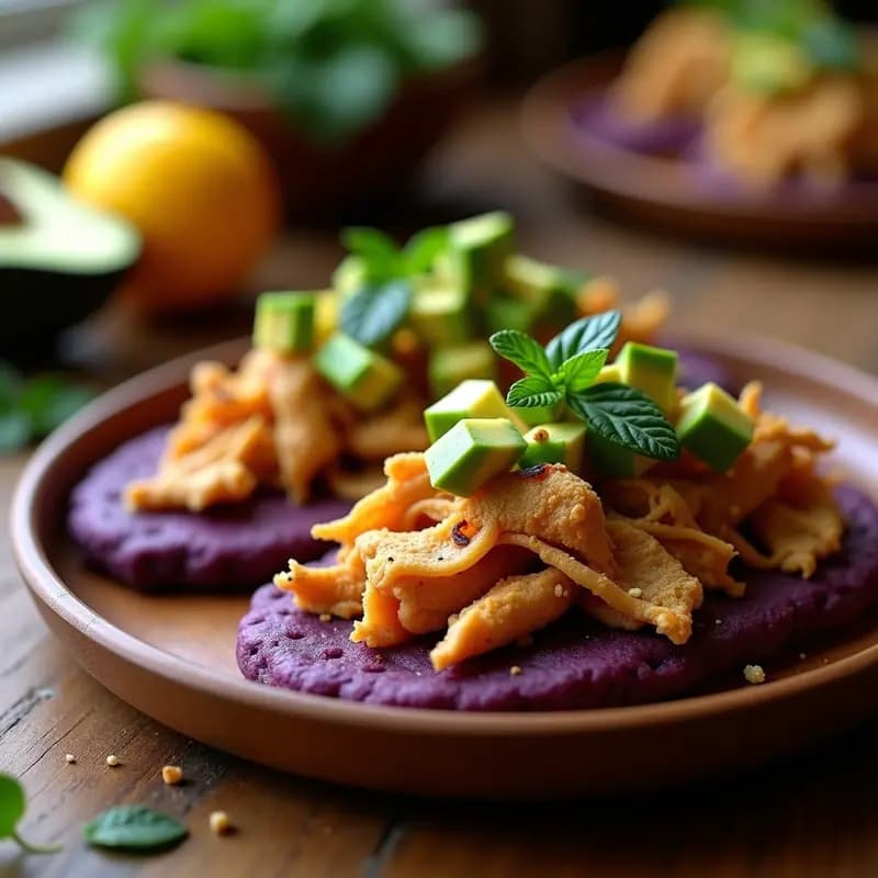Arepas de maíz morado abiertas rellenas de pollo desmenuzado dorado con especias peruanas y cubos de aguacate verde, servidas en un plato de madera rústico con hojas de huacatay como decoración.