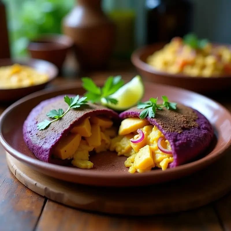 Plato con arepas de maíz morado abiertas por la mitad, rellenas de pollo al curry cremoso con espinacas, decoradas con cilantro fresco y semillas de sésamo, sobre un mantel rústico de lino.