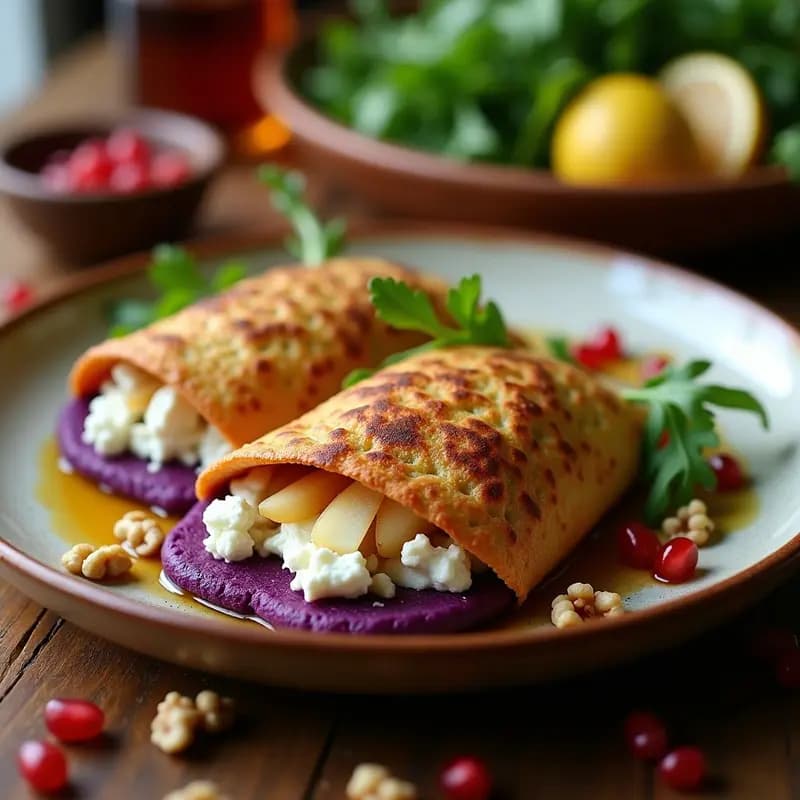 Arepas de maíz morado abiertas mostrando relleno de queso azul desmenuzado y peras caramelizadas con nueces, servidas en plato de cerámica negra con fondo rústico.