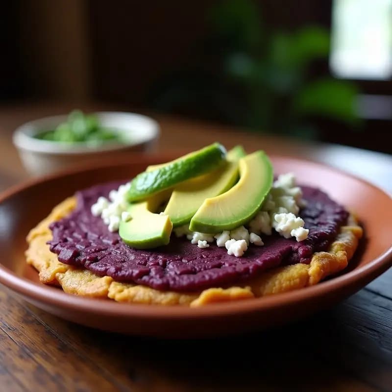 Arepas de maíz morado recién hechas, cortadas por la mitad y rellenas de queso de burra desmenuzado y láminas de aguacate verde. Plato rústico de barro con fondo de madera oscura, resaltando el color vibrante del maíz morado. Receta venezolana antioxidante.