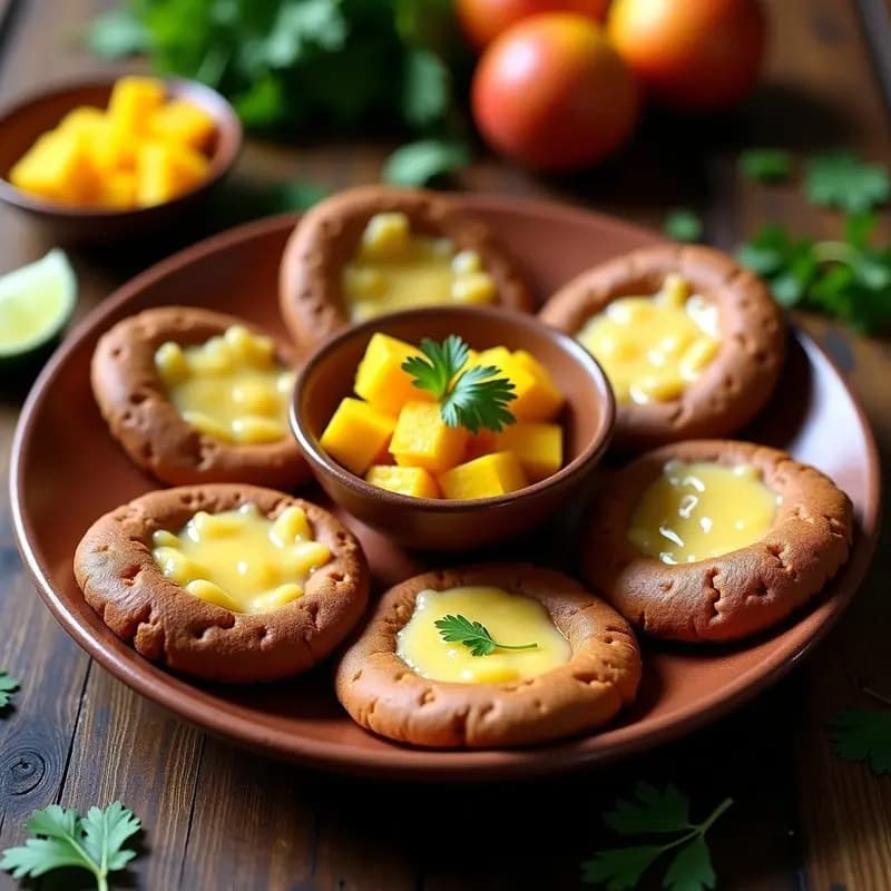 Arepas doradas de maíz morado rellenas de queso de cajuela derretido, servidas en plato de barro con salsa de mango fresca y cilantro, receta colombiana sin gluten.