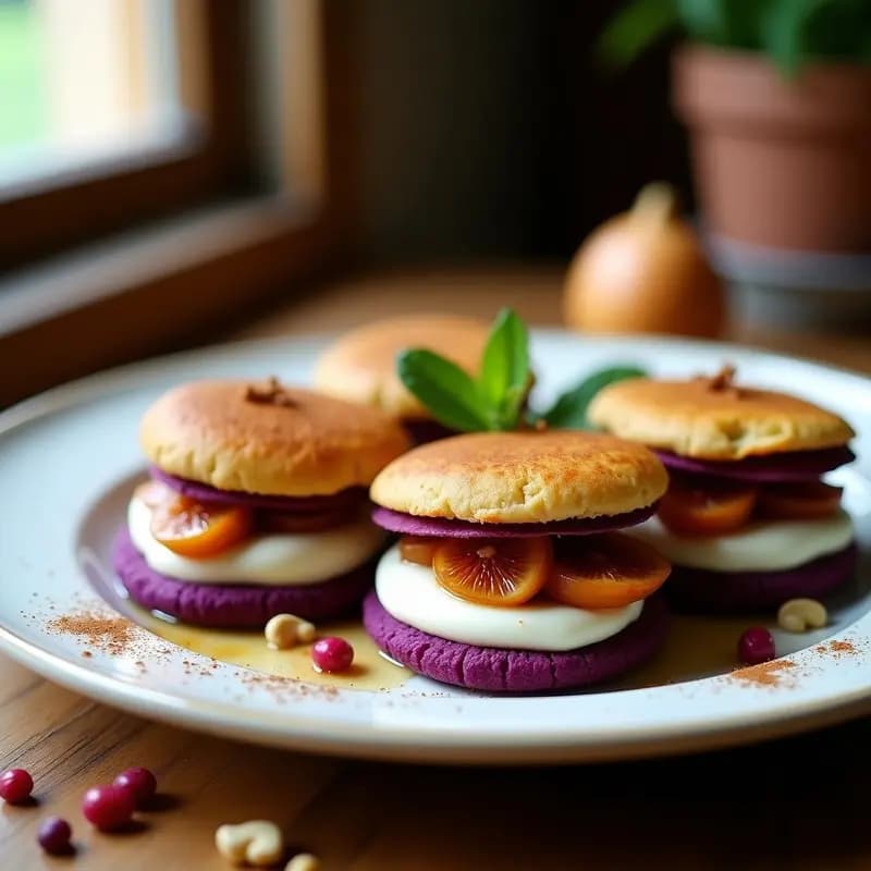 Arepas de maíz morado doradas y esponjosas, abiertas por la mitad para mostrar un relleno cremoso de queso de cashew blanco y higos caramelizados dorados, espolvoreados con canela. Plato decorado con hojas de menta y un fondo rústico de madera oscura.