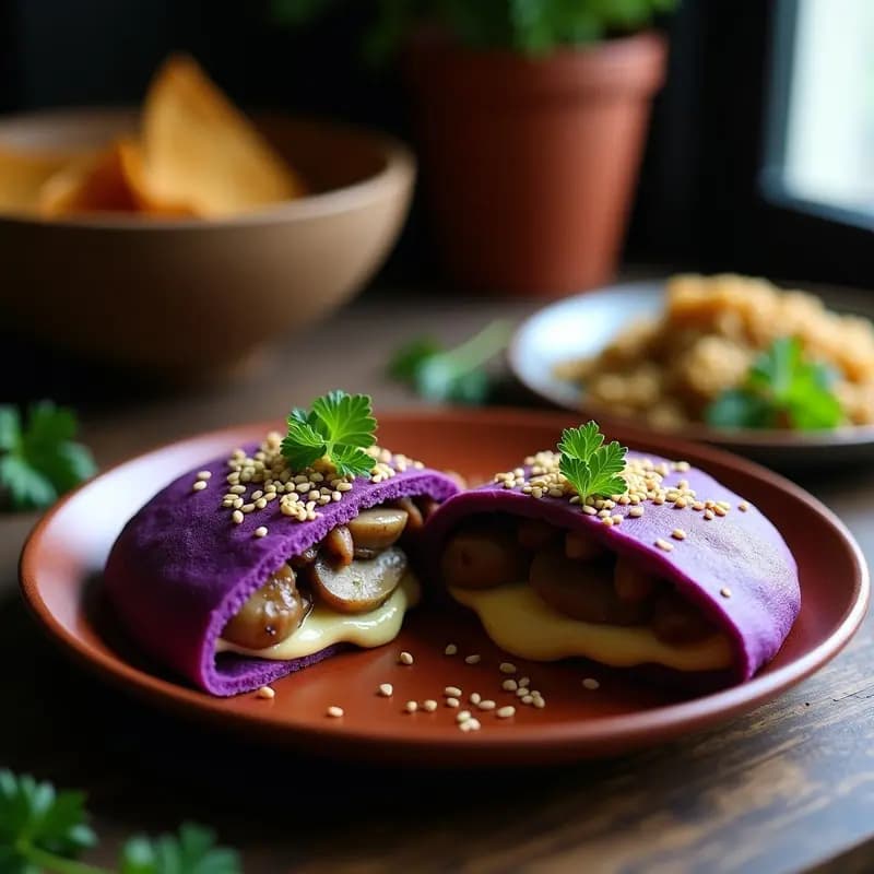 Arepas veganas de maíz morado rellenas de queso de castaña cremoso y champiñones salteados, servidas en un plato de barro con perejil fresco y semillas de sésamo. Receta tradicional venezolana con ingredientes 100% vegetales.
