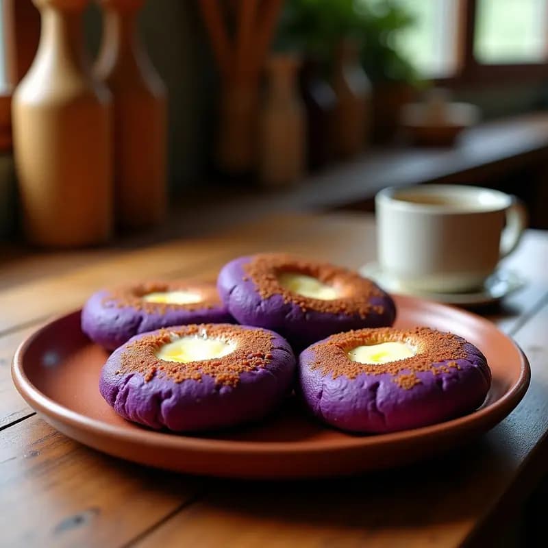 Arepas de maíz morado doradas y crujientes rellenas de queso de vaca fundido, servidas en un plato de barro rústico con fondo de madera oscura. Receta colombiana en airfryer.