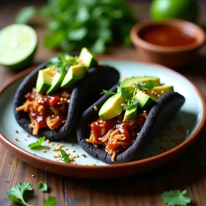 Plato con arepas de maíz negro abiertas, rellenas de pulled pork vegano de jackfruit, acompañadas de aguacate en cubos y cilantro fresco. Las arepas tienen un color oscuro intenso y textura crujiente, mientras el relleno brilla con salsa barbacoa.
