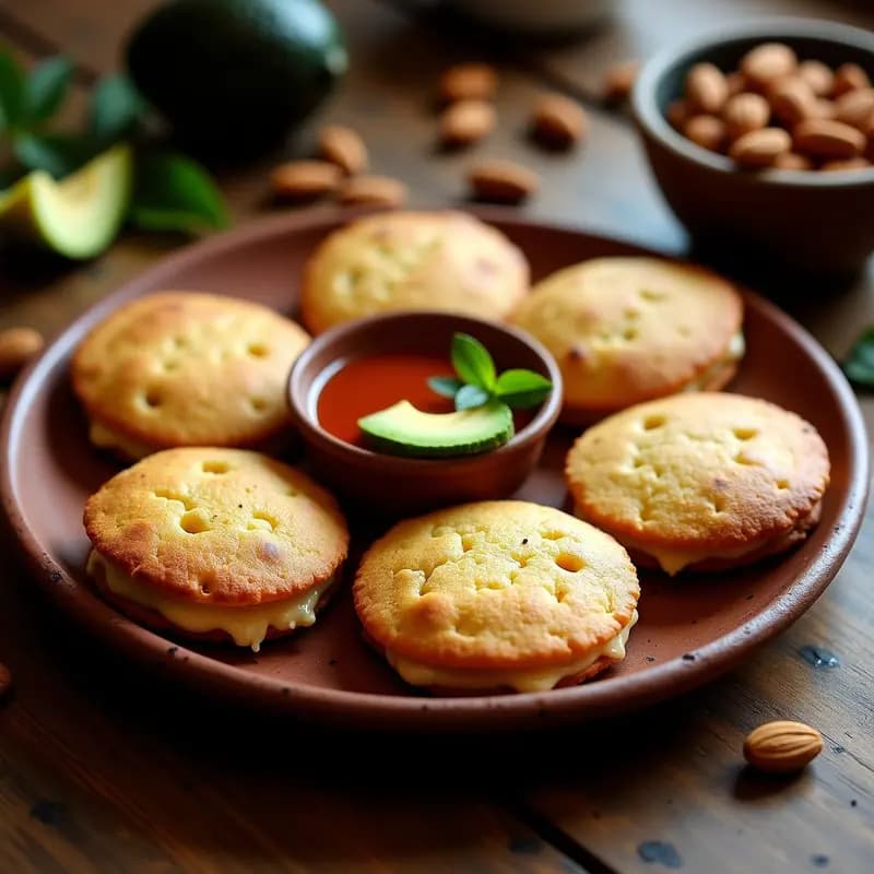 Arepas doradas de maíz negro con textura crujiente, rellenas de queso de almendras cremoso, servidas en un plato de barro con hogao vegano y rodajas de aguacate, receta colombiana vegana y sin lactosa.