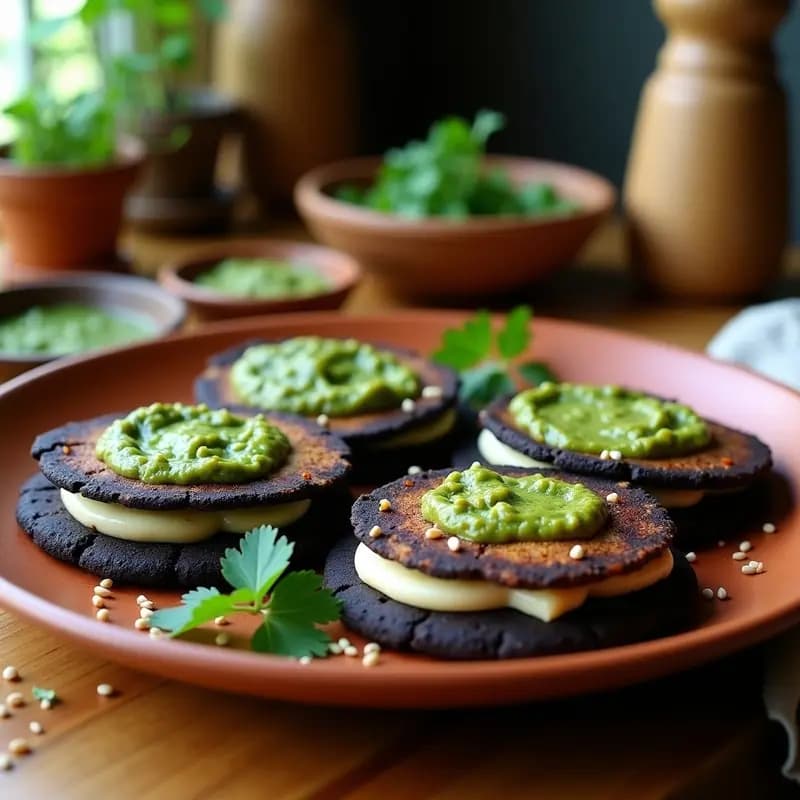 Arepas doradas de maíz negro abiertas por la mitad, rellenas de queso cremoso de anacardos y pesto verde de cilantro, servidas en un plato de barro con hojas de cilantro fresco y un fondo rústico de madera.