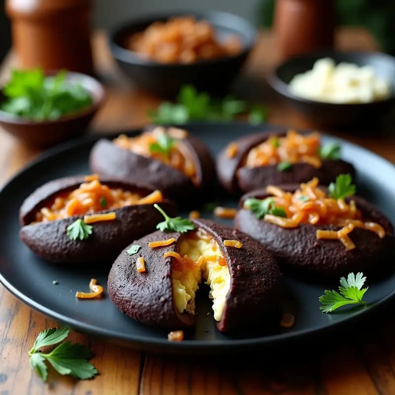 Arepas doradas y crujientes de maíz negro rellenas de queso de cabra derretido y cebolla morada salteada, servidas en un plato de cerámica negra con perejil fresco. Receta colombiana sin horno.