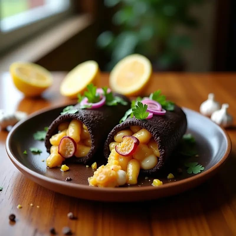 Plato gourmet con dos arepas de maíz negro abiertas, rellenas de pulpo al ajillo dorado, con trozos de cebolla morada y cilantro fresco, sobre un fondo rústico de madera con ajos y limones de decoración. Receta colombiana en airfryer.