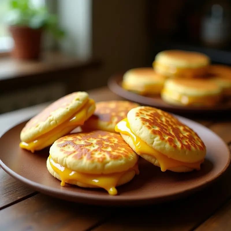 Arepas de maíz blanco doradas y crujientes en la superficie, rellenas de queso Guayanés derretido, servidas en un plato de madera rústico con un toque de mantequilla brillante. Receta tradicional venezolana en Airfryer.