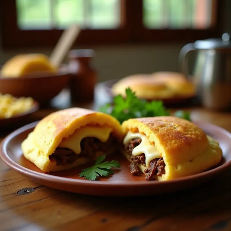 Arepas doradas de maíz ternero abiertas por la mitad, rellenas de queso Guanare derretido y pabello de carne desmenuzada, decoradas con cilantro fresco sobre un plato de barro. Receta tradicional venezolana de arepas de maíz ternero con queso Guanare y pabello.