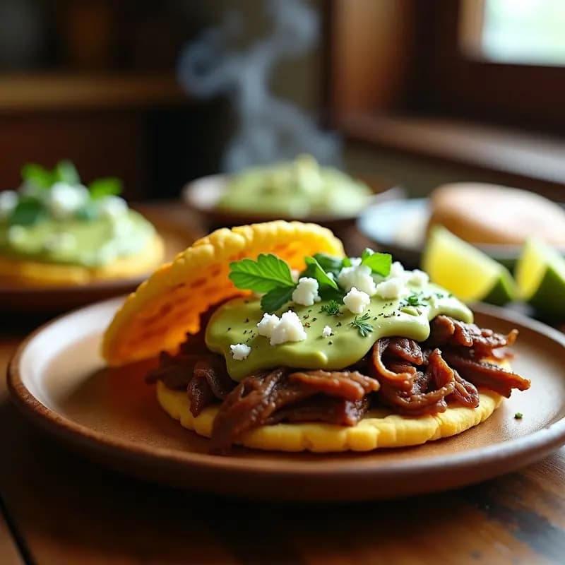 Arepas doradas de maíz tierno abiertas por la mitad, rellenas de carne desmechada jugosa, queso blanco desmenuzado y guasacaca cremosa con trozos de aguacate y hierbas frescas, sobre un plato de madera rústico con fondo de cocina venezolana.