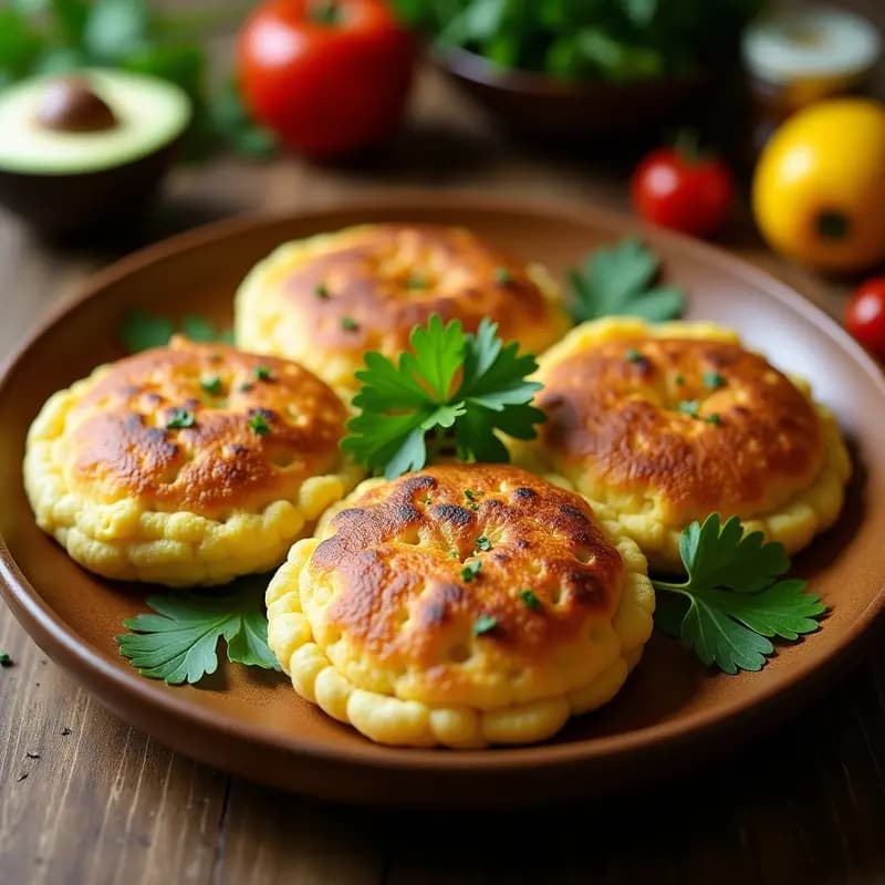 Arepas de maíz tricolor con relleno de pollo y pesto, cocinadas en airfryer, servidas en un plato de madera con hojas de cilantro fresco y un hilo de aceite de oliva. Receta colombiana alta en proteína.