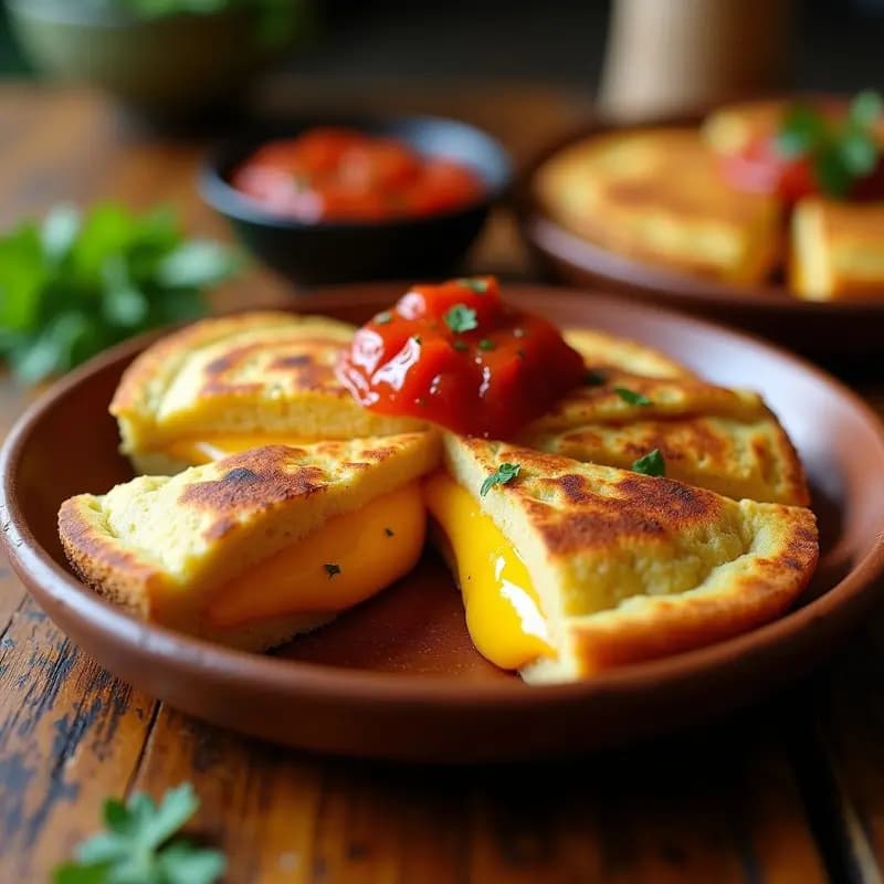 Arepas doradas asadas en parrilla con marcas de carbón, rellenas de queso Oaxaca derretido y cubiertas con hogao rojo y cilantro fresco, servidas en plato de barro.