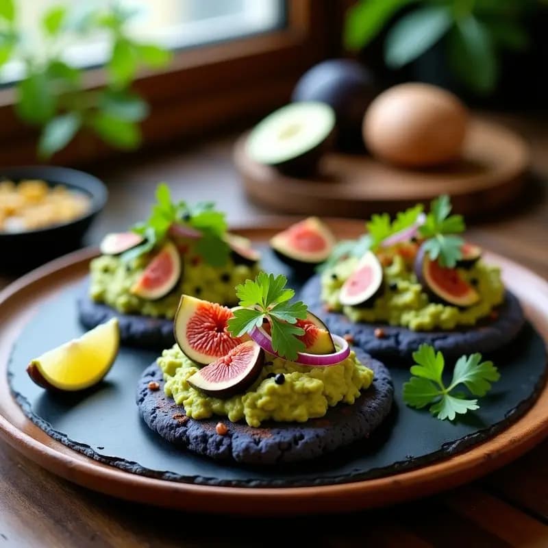 Plato rústico de madera con arepas de maíz azul abiertas, rellenas de guacamole cremoso y higos caramelizados con miel, decoradas con cilantro fresco. Entrante colombiano sin gluten.