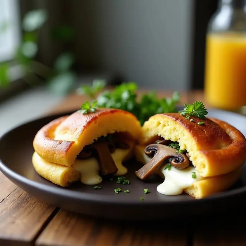 Arepas doradas de maíz azul abiertas por la mitad, rellenas de queso de cabinet cremoso y champiñones portobello salteados con ajo y perejil, servidas en un plato rústico de barro con fondo de madera.