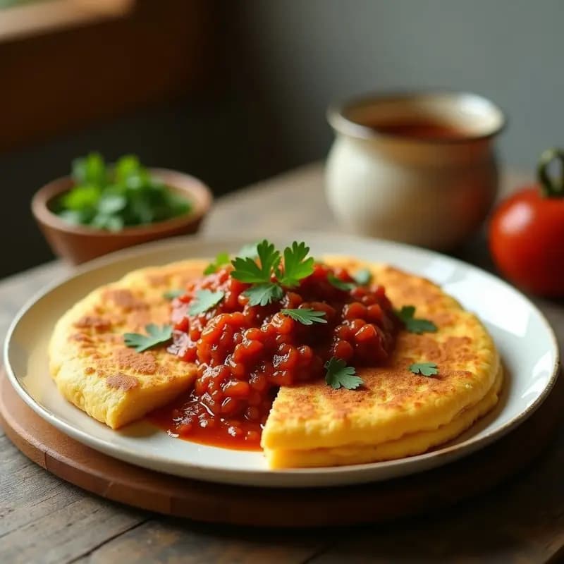 Plato con arepas doradas de mijo y queso de mandioca abiertas, rellenas de hogao rojo y aromático, decoradas con cilantro fresco. Receta colombiano-venezolana sin gluten.