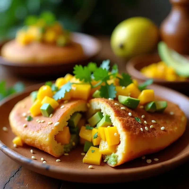 Arepas doradas de ñame abiertas por la mitad, rellenas de una mezcla vibrante de aguacate verde cremoso y mango amarillo en cubos, decoradas con semillas de sésamo y hojas de cilantro fresco sobre un plato de madera rústica, desayuno colombiano sin gluten.