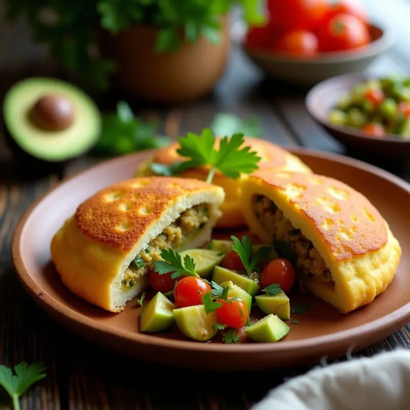 Arepas doradas y crujientes de ñame abiertas por la mitad, rellenas de una salsa fresca de aguacate verde y tomate rojo picado, decoradas con cilantro. Plato servido sobre fondo rústico de madera con limones al lado, receta colombiana sin gluten en airfryer.